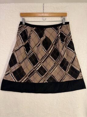 BCBGMAXAZRIA Silk Cotton Blend Plaid Skirt Size 6 Brown A Line Lined Pockets